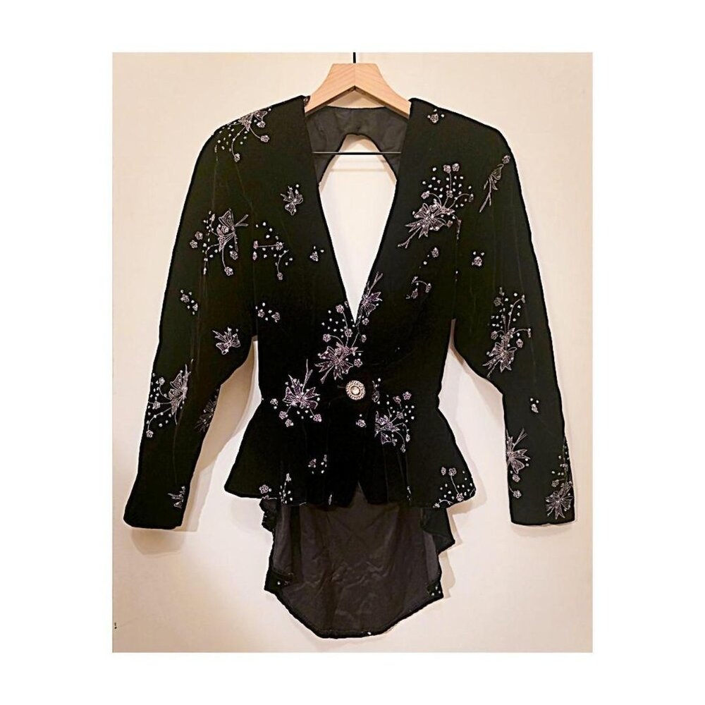 Vintage Climax by Karen Okada Velvet Beaded Peplum Top • Dramatic Plunge